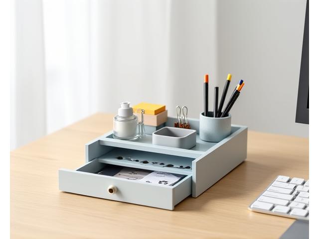 Compact desktop drawer organizer for office supplies.