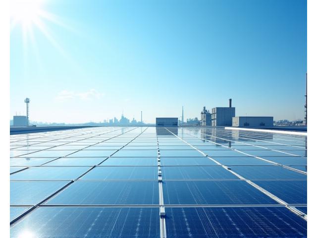 A modern factory roof covered with solar panels under a clear sky, symbolizing renewable energy use.