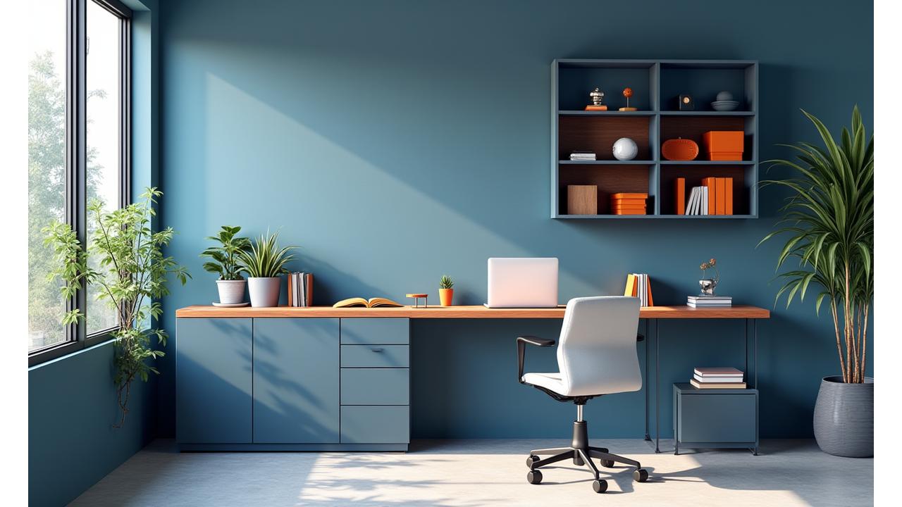 Modern professional office with sleek modular storage units, organized desk, and natural light.