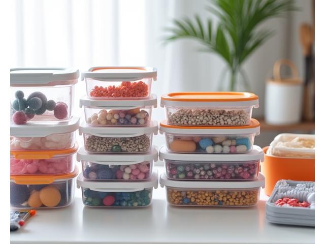 Assortment of stackable, clear plastic bins with different colored lids, labeled for categorizing small craft supplies like beads and threads, demonstrating efficient categorization.