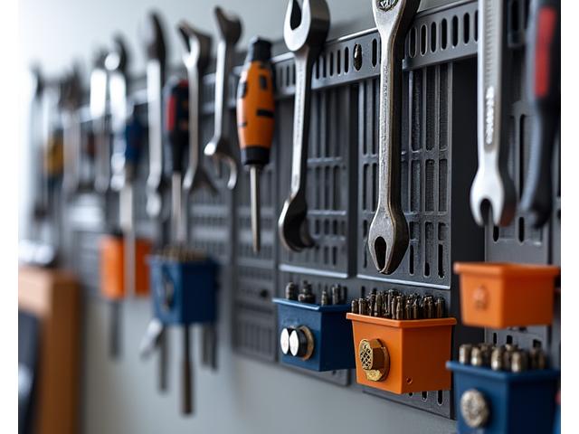Close-up of a wall-mounted modular grid system featuring various hooks, small bins, and tool holders neatly organizing power tools and small parts in a workshop.